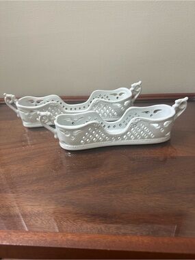 Vintage Pair of White Decorative Ceramic SilverwareTrays